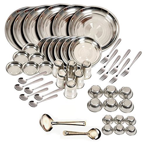 King International Stainless Steel Dinnerware Set of 50 Pcs, Stainless Steel Plate Set, Stainless Steel Dishes, Dinner Plates, Camping Plates Set