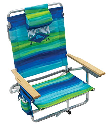 Tommy Bahama 5-Position Classic Lay Flat Folding Backpack Beach Chair - Blue and Green Stripe, 23' x 25.25' x 31.5'