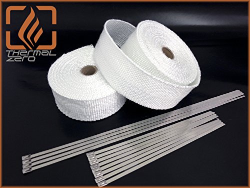 WHITE High Temperature Header Exhaust Pipe Insulation Wrap Kit: 2 Rolls each 2 INCH WIDE X 25 FEET LONG with Stainless Steel Zip Ties Kit- Thermal Zero - WT116225TKX2