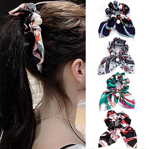 Bartosi Pearl Hair Ties Green Bow Hair Scrunchies Stretch Hair Rope Accessories for Women and Girls (Pack of 4)