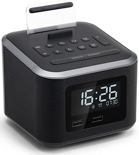 Alarm Clock Radio,Wireless Bluetooth Speaker,Digital Alarm Clock USB Charger for Bedroom with FM Radio/USB Charging Port/AUX-in and Cell Phone Stand/Snooze/Dimmer/Battery Backup (Black)