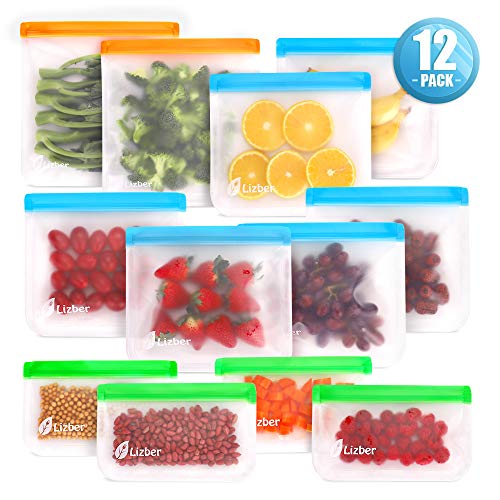 [12 Pack] Reusable Food Freezer Bags, Zip Storage 6 Sandwich Bags & 4 Snack Pouches & 2 Large Soup Bags, [Food-Grade] BPA Free Leakproof Sealable Lunch Bags for Baby/Kids/Kitchen/Fridge/Travel