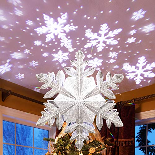 MAOYUE Christmas Tree Topper Lighted with Silver Snowflake Projector, Sliver Snow Tree Topper for Christmas Tree Decorations