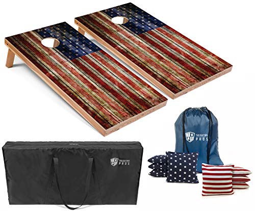 Tailgating Pros American Flag Wooden Plank Design Cornhole Board Set w/Bean Bags and Carrying Case - 4'x2' Corn Hole Toss Game - Optional LED Lights