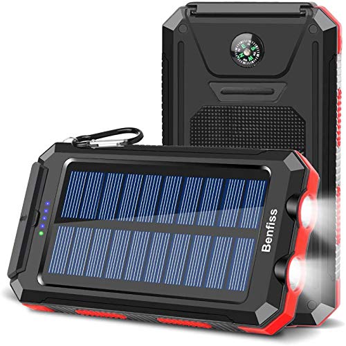 Solar Charger 20000mAh, BENFISS Ultra-Portable Durable Solar Power Bank with 2 USB Output 2 LED Flashlight and Compass, Waterproof Solar Battery Pack for Outdoor Activities/Emergency (Red)