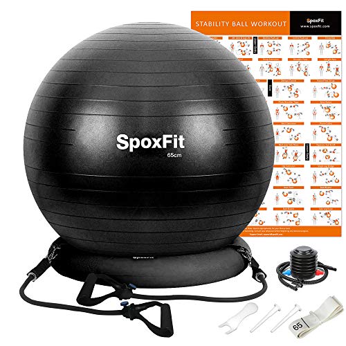 SpoxFit Exercise Ball Chair with Resistance Bands, Perfect for Office, Yoga, Balance, Fitness, Super Strong Holds 660lbs. Set Includes Stable Base, Workout Poster, Pump, Home Gym Bundle-65cm Black