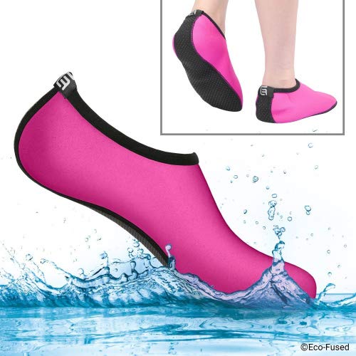 ECO-FUSED Water Socks for Women - Extra Comfort - Protects Against Sand, Cold/Hot Water, UV, Rocks/Pebbles - Easy Fit Footwear- Yoga, Beach, Pool, Volleyball, and More (Medium, Pink & Black)