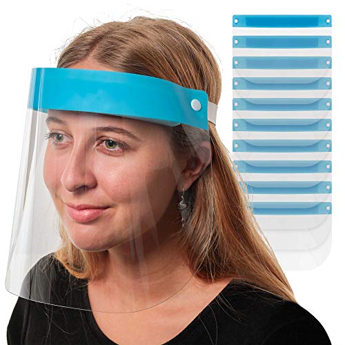Salon World Safety Face Shields (Pack of 10) - Ultra Clear Protective Full Face Shields to Protect Eyes, Nose and Mouth - Anti-Fog PET Plastic, Elastic Headband - Sanitary Droplet Splash Guard Cover