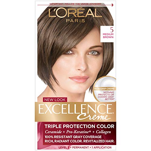 L'Oreal Paris Excellence Creme Permanent Hair Color, 5 Medium Brown, 100% Gray Coverage Hair Dye, Pack of 1