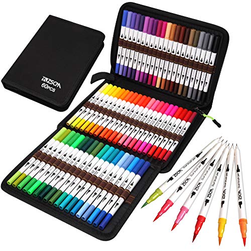 ZSCM Coloring Art Markers Set, 60 Colors Dual Tips Fine Point Water Based Marker Fineliner Pens with Canvas Bag, for Kids Adults Calligraphy Drawing Sketching Bullet Journal Art Back To School Gifts