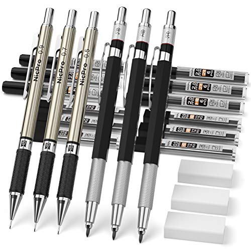 Nicpro 6PCS Mechanical Pencils Set, 3 PCS Metal Drafting Pencil 0.5 mm & 0.7 mm & 0.9 mm and 3 PCS 2.0 mm Graphite Lead Holder (2B HB 2H) For Writing,Sketching Drawing,With 12 Tubes Lead Refills