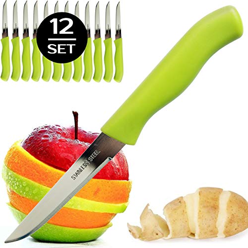 Brenium Paring and Garnishing Knife, 12-Piece Set, Knives with Straight Edge 3 Inch Blade, Stainless Steel, Spear Point, Fruit & Vegetable Cutting and Peeling, Green