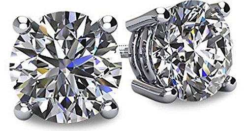 NANA 14k Gold Post & Sterling Silver 4 Prong CZ Stud Earrings -Platinum Plated-6.5mm-2.00cttw