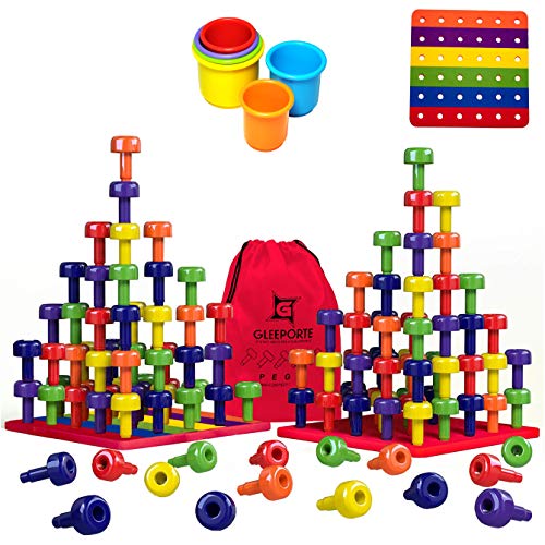 Stacking Peg Board Toy Set | JUMBO PACK | Montessori Occupational Therapy Fine Motor Skills for Toddlers and Preschooler, 60 Pegs & Board | 3 Free Bonuses, 6 Stacking cups, Colorful Board, Carry Bag