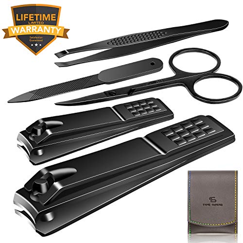 Nail Clippers Set Stainless Steel Nail Cutter Pedicure Kit 5 Piece Nail File Sharp Nail Scissors Manicure Fingernails & Toenails with Portable Travel Case (Black_A)