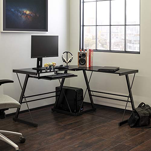 Walker Edison Furniture Company Modern Corner L Shaped Glass Computer Writing Gaming Gamer Command Center Workstation Desk Home Office, Single, Black