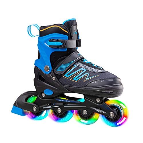 Hiboy Adjustable Inline Skates with All Light up Wheels, Outdoor & Indoor Illuminating Roller Skates for Boys, Girls, Beginners (Blue, Small-12J-2) …