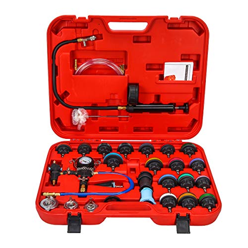 NA. 28pcs Universal Radiator Pressure Tester and Vacuum Type Cooling System Kit with Toolbox Storage for Car Truck Motorcycle Use
