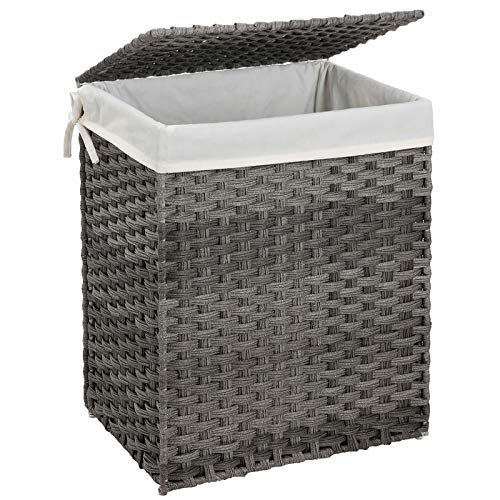 SONGMICS Handwoven Laundry Hamper, Synthetic Rattan Laundry Basket with Removable Liner Bag, Clothes Hamper with Handles for Laundry Room, Gray