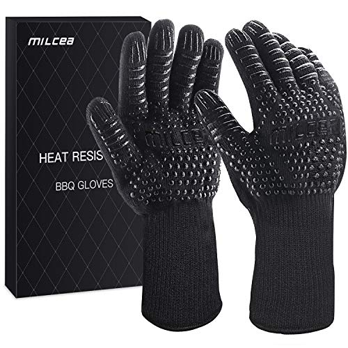 MILcea BBQ Gloves 1472° F Extreme Heat Resistant Gloves for Grill, Cooking Grill Gloves, for Handling Heat Food Right on Your Fryer, Grill or Oven. Waterproof, Fireproof, Oil Resistant (Black)