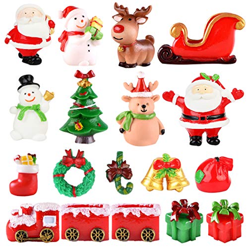 Fansport 18 PCS Christmas Miniature Figurines Mini Santa Clause Ornament Xmas Micro Landscape Christmas Tree Snowman Reindeer Gift for DIY Fairy Garden