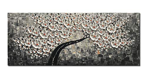 Diathou Art 20x50 inch -3D Oil Painting 100% Hand-Painted White Flower Oil Painting Abstract Tree Painter Living Oil Painting Painting Living Room, Bedroom, Dining Room Fresco