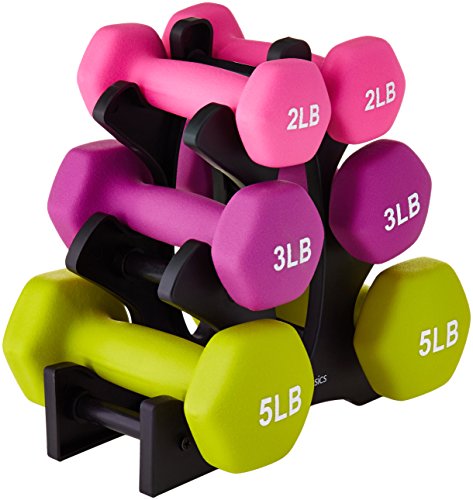 AmazonBasics Neoprene Workout Dumbbell Hand Weights, 20 Pounds Total, Pink/Purple/Green - 3 Pairs (2-Lb, 3-Lb, 5-Lb) & Weight Rack