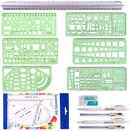 Hilitchi 16 Pcs Pack Plastic Measuring Templates Building Formwork Stencils Geometric Building Furniture Drawing Template Geometry Rulers and Drafting Scale Ruler with Eraser Pencil and Refills