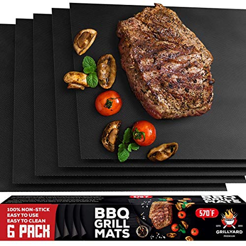 GRILLYARD Grill Mat Set of 6 – Non-Stick, Reusable BBQ Grill Mats for Gas, Charcoal, Electric Grill – Temperature Resistant – Heavy Duty Design – Easy to Clean (Black)