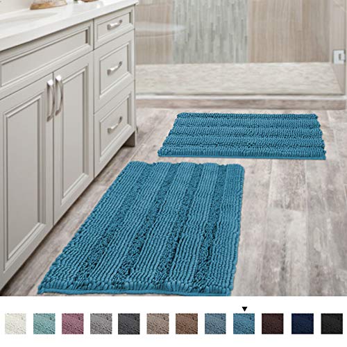 Bathroom Rugs Slip-Resistant Extra Absorbent Soft and Fluffy Thick Striped Bath Mat Non Slip Microfiber Shag Floor Mat Dry Fast Waterproof Bath Mat (Set of 2-20' x 32'/17' x 24')