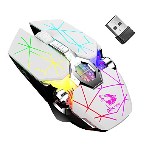 Wireless Gaming Mouse, with Nano USB 2.4G 7-Colors Backlit Rechargeable Computer Game Mice 6 Buttons 2400 DPI 3 Adjustment Levels for PC Laptop Windows 7/8/10/XP/Vista/MAC/Linux Plug & Play (White)