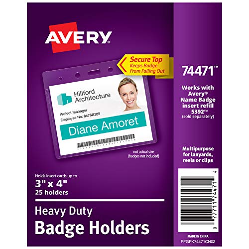 Avery Heavy-Duty Clear Badge Holders, Fits Inserts up to 3' x 4', Landscape, 25 Holders (74471)