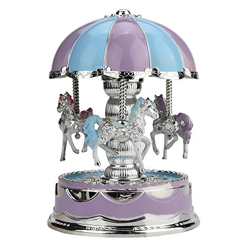 SUNUQ Music Box Carousel 3-Horse Rotating Windup Musical Gift Melody Castle Artware Birthday Valentine Gift for Girls Baby Kids Daughter,Purple