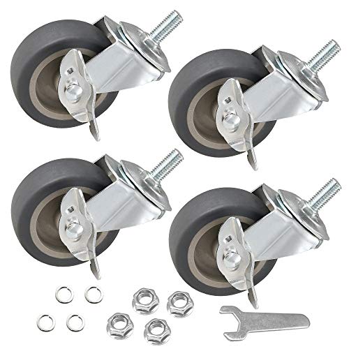 JEMVOTIC Caster Wheels, 3/8”-16x1”(Screw Diameter 3/8”, Screw Height 1”) Threaded Stem Casters, 3” Grey Rubber Casters with Brake, Casters Set of 4, No Noise Swivel Casters, 4 Pack Locking Castors