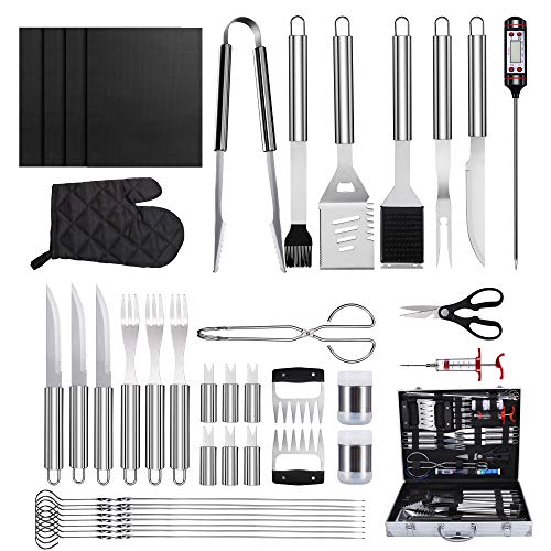 SYCEES 40 in 1 Grill Accessories Tool Set, Stainless Steel BBQ Grill Tools with Thermometer, Grill Mats for Camping/Backyard Barbecue, Grilling Tools Set for Men Women