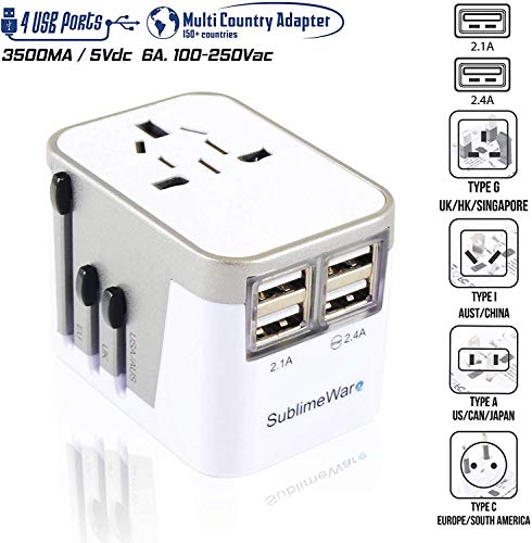 International Power Adapter Travel Plug - 4 USB Ports Universal Work for 150 Countries - 120 Volt Adapter - Adapter Type C Type A Type G Type I f for UK Japan China eu Europe European By SublimeWare