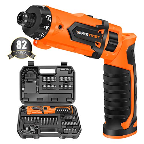 Enertwist Cordless Screwdriver, 8V Max 10Nm Electric Screwdriver Rechargeable Set with 82 Accessory Kit and Charger in Carrying Case, 21+1 Cluth, Dual Position Handle, LED Light, ET-CS-8
