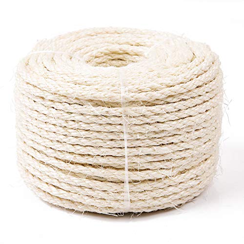 Yangbaga Cat Natural Sisal Rope for Scratching Post Tree Replacement, Hemp Rope for Repairing, Recovering or DIY Scratcher, 6mm Diameter, Come with a Sisal Ball 33FT