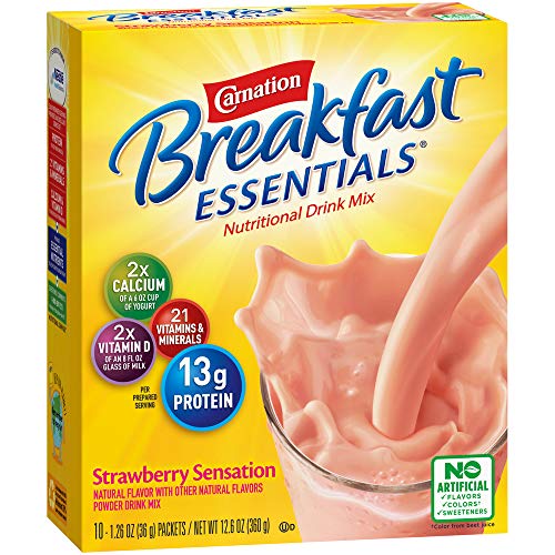 Carnation Breakfast Essentials Powder Drink Mix, Strawberry Sensation, 10 Count Box of 1.26 Ounce Packets (Packaging May Vary)