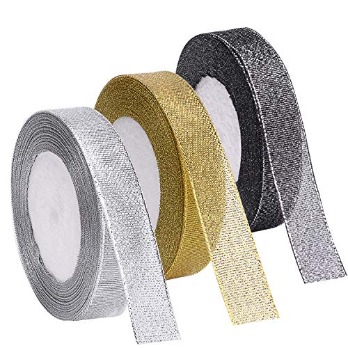 Livder 3 Rolls 75 Yard Metallic Glitter Ribbon for Gift Wrapping Birthday Holiday Graduation Party Decoration (Golden, Silvery, Silver-Black)