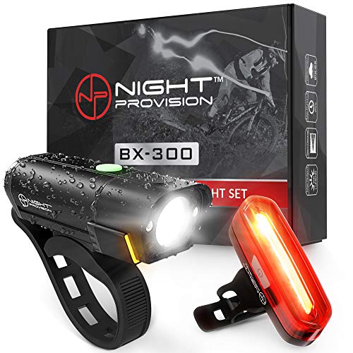 NP NIGHT PROVISION BX-300 USB Rechargeable LED Bike Light Set Front and Back Cycling Safety Lights Best Headlight with New DUO-120 USB Tail Light for Adults Kids Men Women