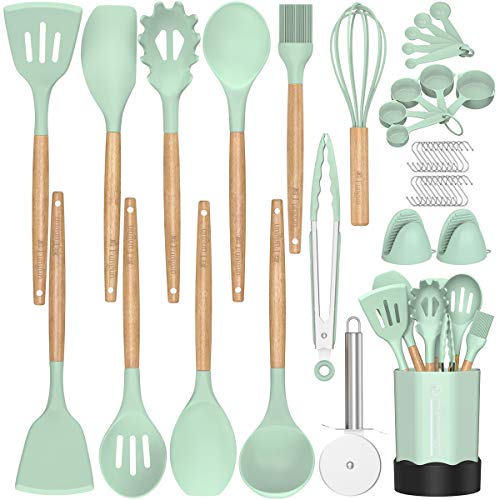 Silicone Cooking Kitchen Utensil Set, Fungun 26 pcs Cooking Utensils Set, Wooden Handle BPA Free Non Toxic Silicone Turner Tongs Spatula Spoon Kitchen Gadgets Utensil for Nonstick Cookware-Turquoise