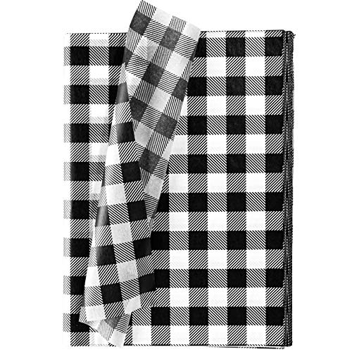 Whaline 120 Sheet Christmas Kraft Wrapping Paper White Black Buffalo Plaid Tissue Paper Rustic for DIY Christmas Wrapping, 13.78' x 19.69'