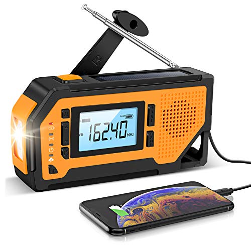 Emergency Solar Hand Crank Radio- Aiworth AM/FM/NOAA Weather Radio with Large LCD Display, Portable Hurricane Survival Radio with LED Flashlight, Reading Lamp, 2000mAh Cell Phone Charger, SOS Alert