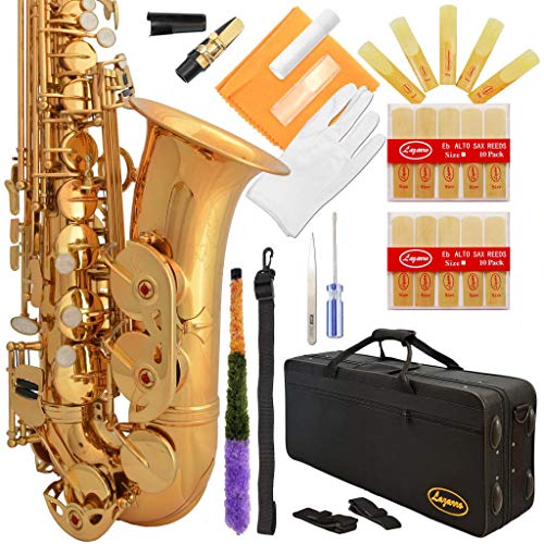 Lazarro Professional Gold Lacquer Eb E-Flat Alto Saxophone Sax with Case, 21 Reeds, Many Extras~Ready to Play~360-LQ-PRO