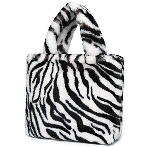 CATMICOO Soft Faux Fur Small Top-handle Bag for Women, Plush Lightweight Handbag Purse with Zebra Stripes Pattern (Black and White)