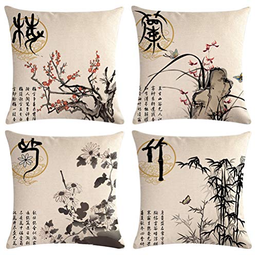 Ink Wash Painting Throw Pillow Cover Plum Blossom Chrysanthemum Orchid Bamboo Cushion Covers Traditional Chinese Calligraphy Culture Home Decorative Pillowcases 18 x 18 inches,4Pack(Wash Painting)