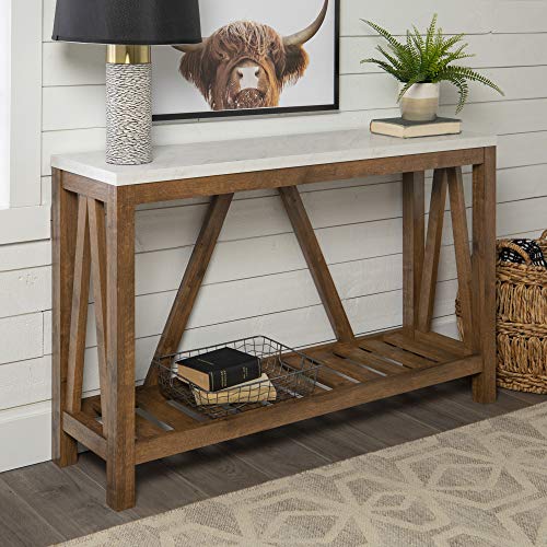 Walker Edison Furniture Company Modern Farmhouse Entryway Accent Table Entry Living Room, 52 Inch, White Marble/Walnut Brown