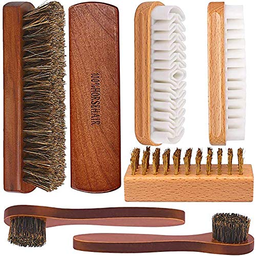 Brobery Shoe Brush with 100% Horsehair Brush, Crepe Suede Shoe Brush, Brass Suede Shoe Brush, for Shoes Boot Leather, Set of 7