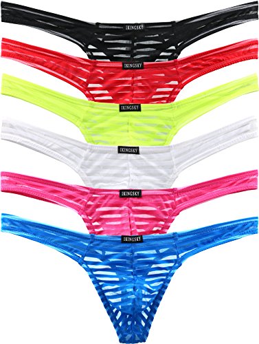 iKingsky Men's Sexy Transprant Thong Underwear Low Rise See Through Stretch Panties (Small, 6 Pack)